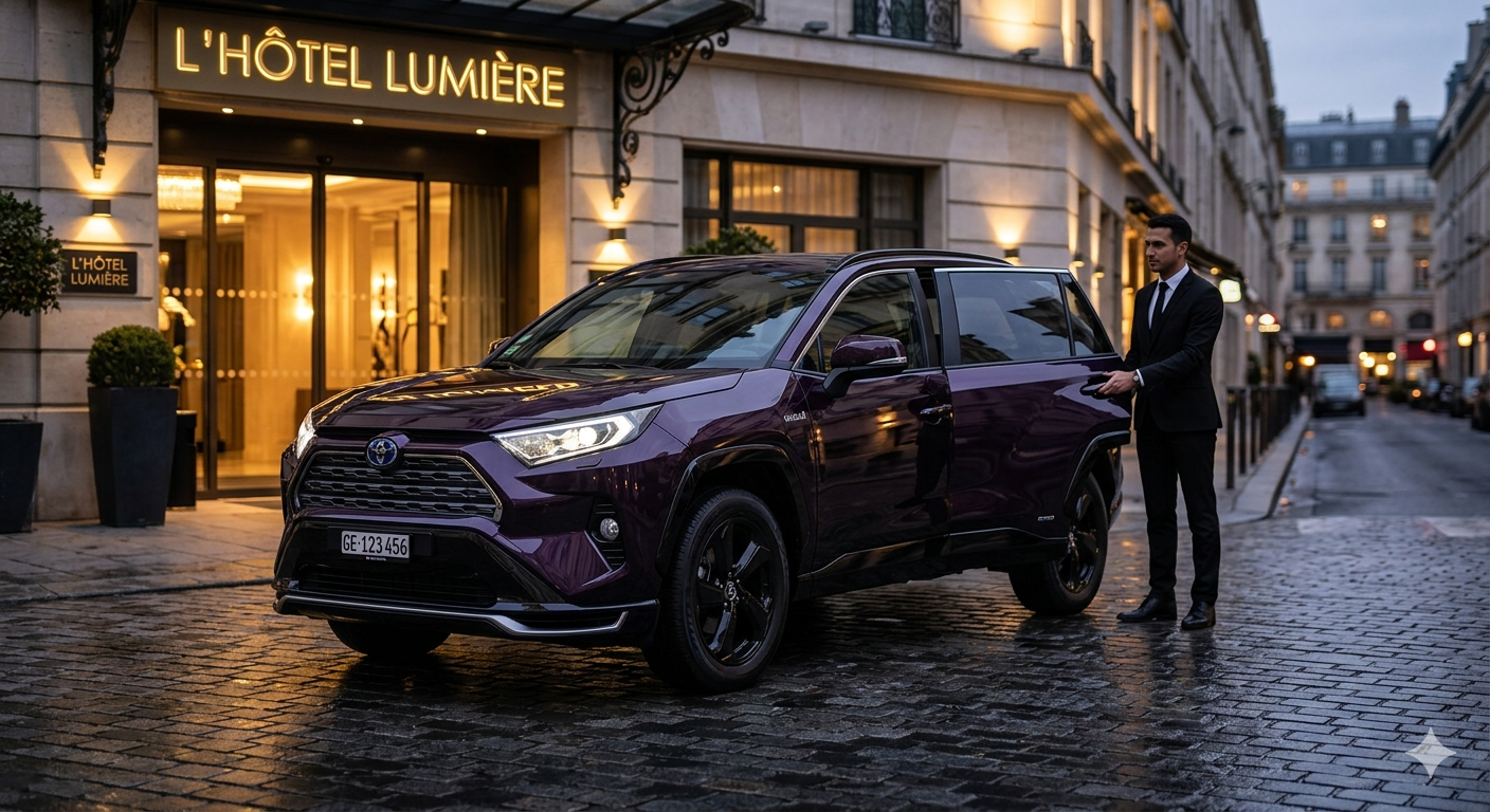 Stunning dark purple Toyota RAV4 Hybrid with private chauffeur - KN Transport Prestige